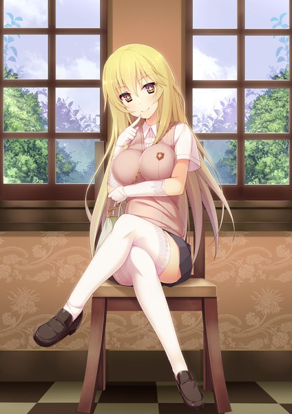 Anime picture 707x1000 with to aru kagaku no railgun to aru majutsu no index j.c. staff shokuhou misaki ihara asta long hair tall image looking at viewer blush light erotic blonde hair smile sitting brown eyes crossed legs finger to mouth + + girl thighhighs skirt