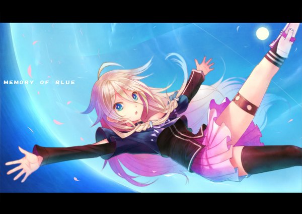 Anime picture 1272x899 with vocaloid ia (vocaloid) sts single long hair open mouth blue eyes blonde hair ahoge spread arms girl thighhighs skirt black thighhighs miniskirt pink skirt