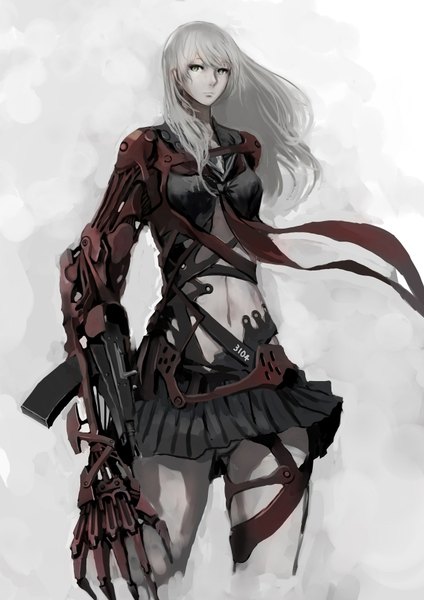 Anime picture 1236x1748 with jittsu single long hair tall image fringe breasts simple background looking away grey hair bare belly mechanical mechanical arms mechanical parts girl skirt weapon miniskirt
