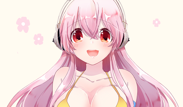 Anime picture 800x469 with nitroplus super sonico turn single long hair looking at viewer blush fringe breasts open mouth light erotic simple background red eyes wide image large breasts pink hair girl headphones bikini top