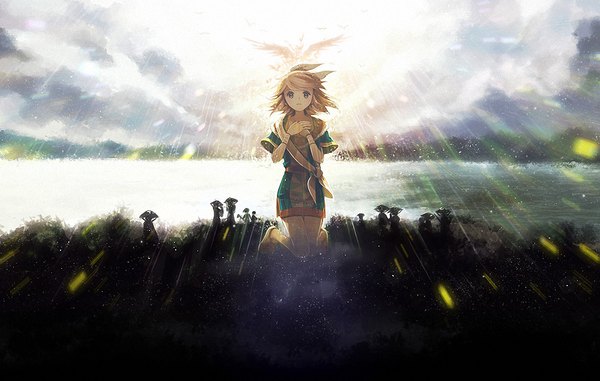 Anime picture 1265x805 with vocaloid kagamine rin single looking at viewer fringe short hair blue eyes blonde hair sunlight alternate costume glowing girl dress hair ornament plant (plants) shoes hairband