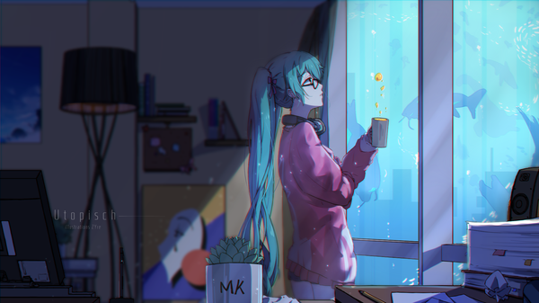 イラスト 2559x1439 と ボーカロイド 初音ミク 渣音re. ソロ 長髪 highres wide image 立つ ツインテール signed プロフィール aqua hair looking up アナグリフ headphones around neck painting 女の子 動物 水 眼鏡