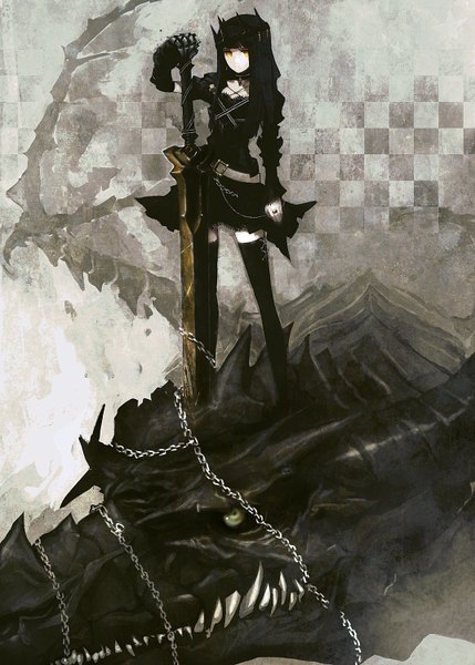 Anime picture 1072x1500 with black rock shooter dragon slayer huke single long hair tall image black hair yellow eyes checkered girl thighhighs dress weapon black thighhighs sword belt chain dragon