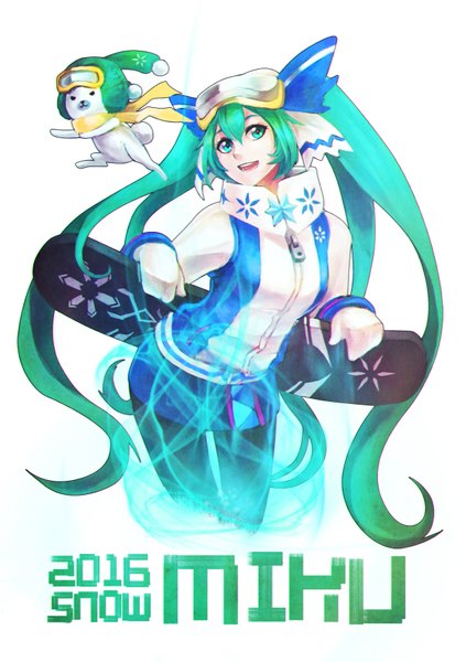 Anime picture 2475x3508 with vocaloid hatsune miku yuki miku yuki miku (2016) monori rogue single tall image fringe highres simple background smile white background green eyes very long hair green hair girl animal winter clothes snowboard