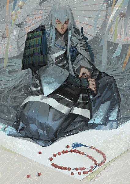 Anime picture 726x1024 with touken ranbu nitroplus kousetsu samonji alphonse (white datura) single tall image fringe sitting holding very long hair traditional clothes japanese clothes lips grey hair wide sleeves looking down sheathed indian style boy weapon
