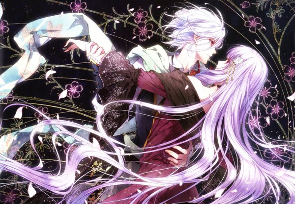 Anime picture 5842x4051 with reine des fleurs violette (reine des fleurs) orpheus (reine des fleurs) usuba kagerou fringe highres short hair red eyes pink hair absurdres purple hair white hair very long hair profile hug floral print black background eye contact girl boy