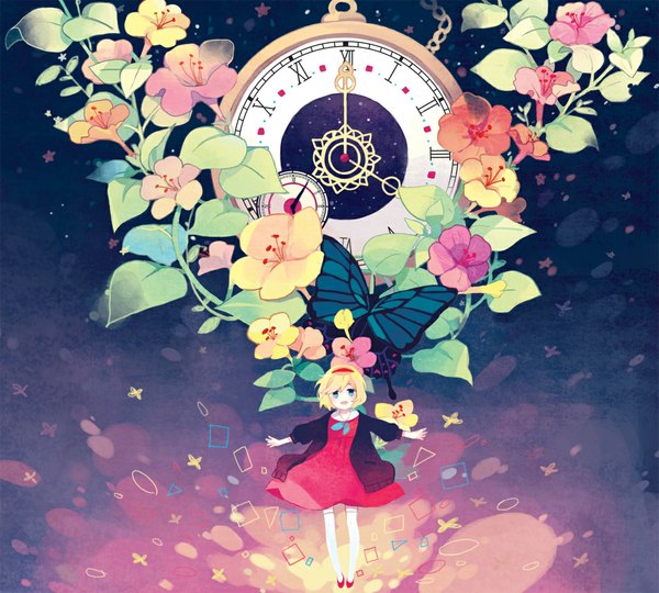 Anime picture 1101x992 with original kyang692 single fringe short hair open mouth blonde hair aqua eyes happy dress hair ornament flower (flowers) plant (plants) shoes jacket hairband insect butterfly clock child (children)