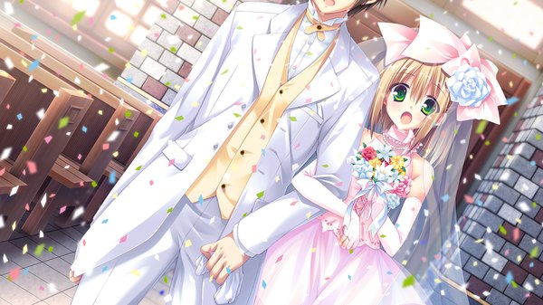 Anime picture 1024x576 with sugirly wish shirosaki hina short hair open mouth blonde hair wide image green eyes game cg girl dress boy flower (flowers) wedding dress