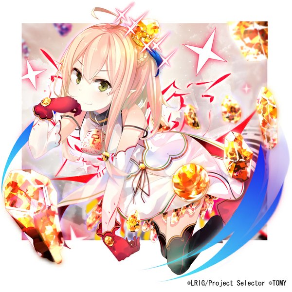 Anime picture 800x800 with selector infected wixoss j.c. staff benio (dontsugel) single looking at viewer fringe blonde hair smile hair between eyes green eyes bent knee (knees) pointy ears mole official art mole under eye hand on face girl dress gloves hair ornament