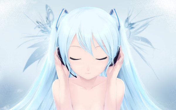 Anime picture 1600x1000 with vocaloid last night good night (vocaloid) hatsune miku cait single long hair looking at viewer fringe simple background smile wide image twintails bare shoulders upper body eyes closed aqua hair blue background girl headphones headset