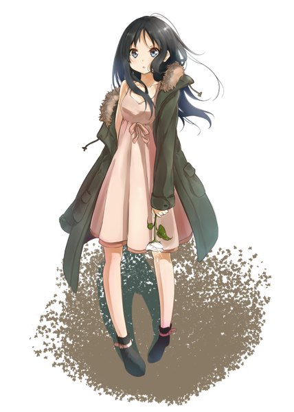 Anime picture 1000x1400 with k-on! kyoto animation akiyama mio patisurotto single long hair tall image looking at viewer fringe blue eyes black hair bare shoulders holding parted lips open clothes open jacket girl dress flower (flowers) jacket