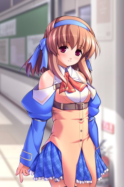 Anime picture 800x1200 with oppai baka tomose nonomi gunner-l single tall image looking at viewer blush short hair red eyes brown hair bare shoulders game cg light smile girl uniform school uniform detached sleeves hairband