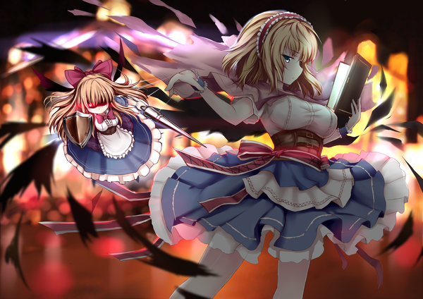Anime picture 2455x1736 with touhou alice margatroid shanghai zheyi parker highres short hair blue eyes blonde hair girl dress bow weapon hair bow hairband book (books) spear doll (dolls) shield