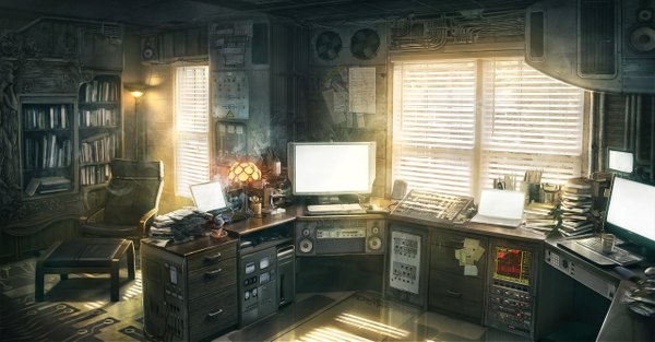 Anime picture 1280x669 with original jonas de ro (jenovah-art) wide image smoke no people office book (books) fan wire (wires) paper lamp armchair room monitor speakers computer jalousie cigar