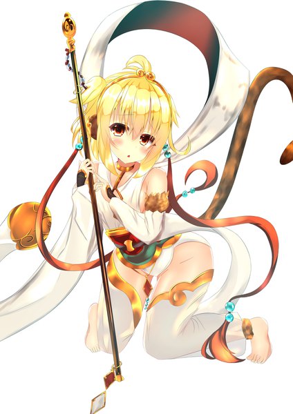 Anime picture 2893x4092 with granblue fantasy andira (granblue fantasy) saku kn single tall image looking at viewer blush fringe highres breasts light erotic simple background blonde hair hair between eyes red eyes white background bare shoulders animal ears payot full body