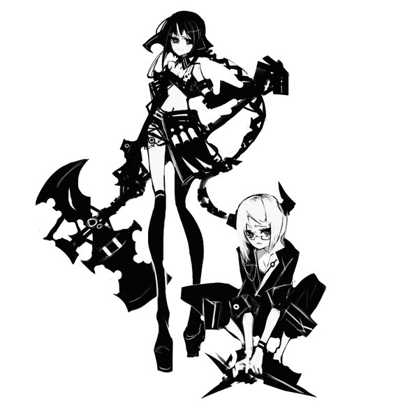 Anime picture 1500x1493 with original kiku (kicdoc) looking at viewer short hair black hair simple background white background multiple girls white hair very long hair horn (horns) black eyes bare belly monochrome squat girl thighhighs skirt gloves navel