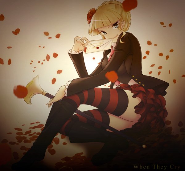 Anime picture 2000x1850 with umineko no naku koro ni beatrice lchrno single looking at viewer highres short hair blue eyes blonde hair smile hair flower girl thighhighs hair ornament flower (flowers) striped thighhighs envelope