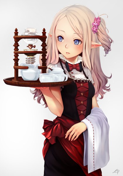 Anime picture 1117x1600 with original ep (emio parn) single long hair tall image blush blue eyes simple background blonde hair standing holding signed looking away parted lips pointy ears grey background side ponytail gradient hair elf waitress