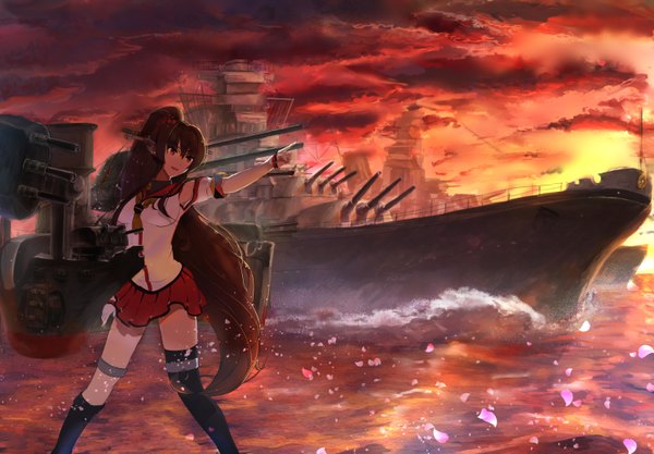 Anime picture 1495x1041 with kantai collection yamato super battleship divider single fringe smile brown hair standing brown eyes looking away cloud (clouds) ponytail very long hair pleated skirt sunlight outstretched arm evening sunset pointing girl