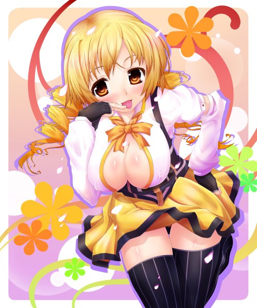 Anime picture 2000x2400 with mahou shoujo madoka magica shaft (studio) tomoe mami ao banana tall image blush highres breasts light erotic blonde hair large breasts cleavage orange eyes hand on hip drill hair girl thighhighs gloves black thighhighs tongue