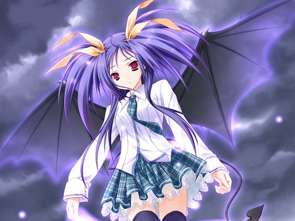 Anime picture 1200x900 with red eyes purple hair tail demon girl bat wings girl thighhighs black thighhighs serafuku necktie