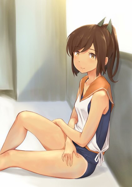 Anime picture 1223x1736 with kantai collection i-401 aircraft carrying submarine wa (genryusui) single long hair tall image looking at viewer brown hair sitting brown eyes ponytail bare legs against wall tan girl swimsuit one-piece swimsuit sailor suit school swimsuit wall