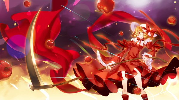 Anime picture 1920x1080 with touhou elly (touhou) bobomaster single highres short hair blonde hair red eyes wide image drill hair girl dress bow ribbon (ribbons) hat apple scythe