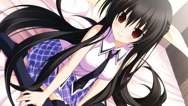 Anime picture 1280x720 with tiny dungeon (game) rosebleu vell sein long hair black hair red eyes wide image game cg girl thighhighs black thighhighs shirt necktie