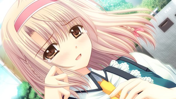 Anime picture 1280x720 with world wide love! (game) touno sakurako long hair blush blonde hair wide image brown eyes game cg tears girl uniform school uniform