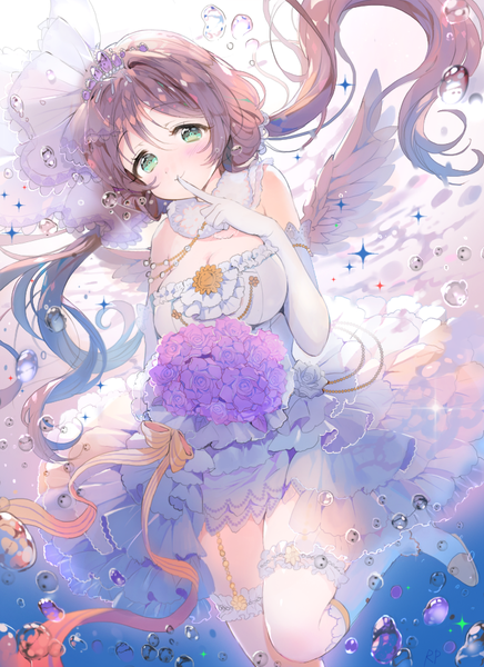 Anime picture 700x963 with love live! school idol project sunrise (studio) love live! toujou nozomi repi987 single long hair tall image looking at viewer blush brown hair twintails bare shoulders bent knee (knees) aqua eyes low twintails finger to mouth underwater white wings shiny