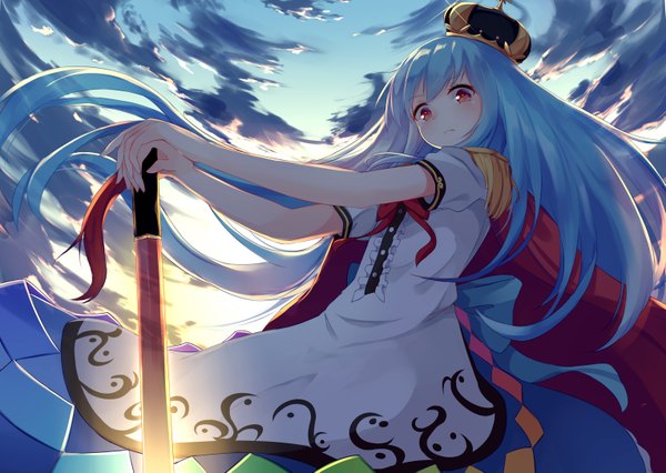 Anime picture 1529x1087 with touhou hinanawi tenshi igayan single long hair looking at viewer blush fringe red eyes standing blue hair sky cloud (clouds) outdoors from below evening sunset hands clasped girl dress