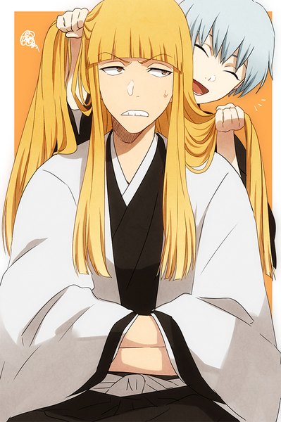 Anime picture 599x900 with bleach studio pierrot ichimaru gin hirako shinji yukin (es) long hair tall image fringe short hair open mouth blonde hair simple background sitting brown eyes looking away blunt bangs eyes closed traditional clothes japanese clothes grey hair