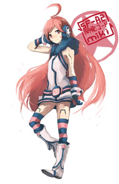 Anime picture 838x1300 with vocaloid miki (vocaloid) kasa single long hair tall image looking at viewer blush simple background smile red eyes white background full body ahoge bent knee (knees) red hair character names hand on head girl thighhighs
