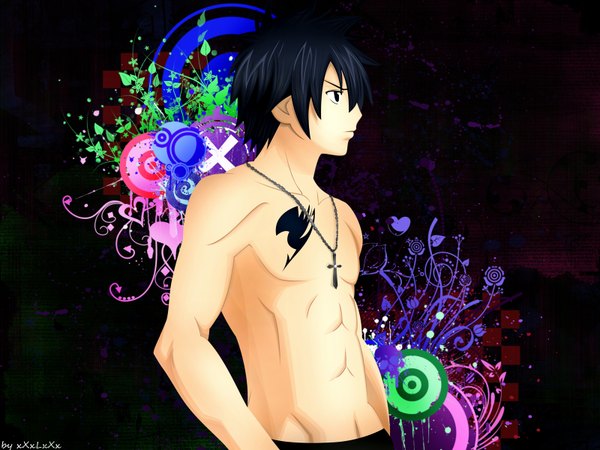 Anime picture 1600x1200 with fairy tail gray fullbuster single short hair black hair black eyes tattoo topless boy cross