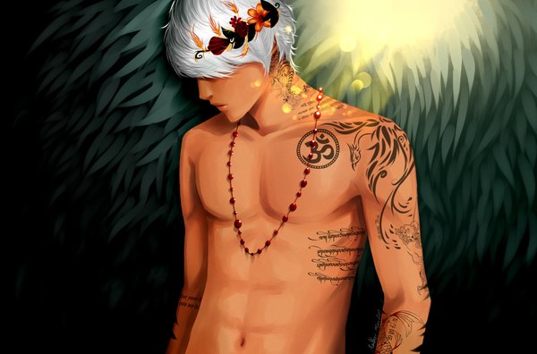 Anime picture 2299x1519 with original aleeth single highres short hair signed white hair hair flower tattoo hieroglyph light topless muscle hair over eyes boy navel hair ornament beads