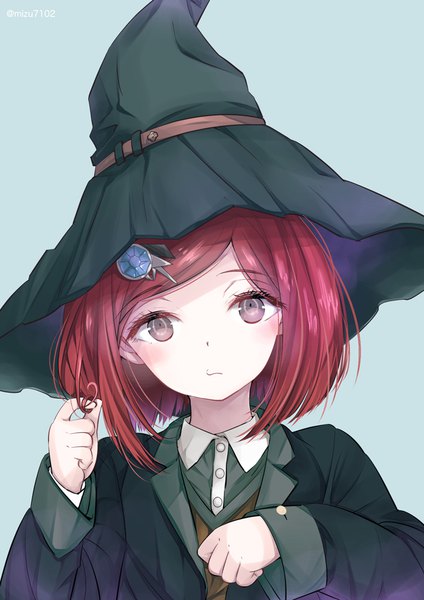 Anime picture 834x1179 with dangan ronpa new danganronpa v3 yumeno himiko mizutama single tall image looking at viewer blush short hair simple background red hair head tilt grey eyes adjusting hair portrait aqua background girl hat hairclip witch hat