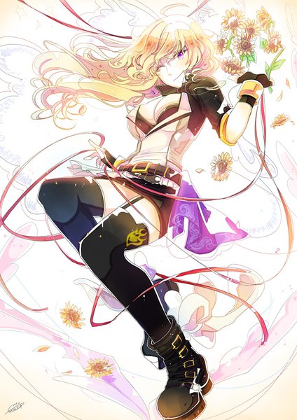 Anime picture 620x877 with rwby rooster teeth yang xiao long ricemo single long hair tall image breasts light erotic blonde hair large breasts purple eyes cleavage ahoge one eye closed wink wavy hair girl thighhighs skirt