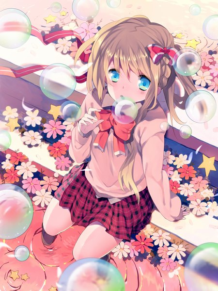 Anime picture 750x1000 with original rugo long hair tall image looking at viewer blush blue eyes blonde hair girl skirt uniform flower (flowers) bow hair bow school uniform bowtie bubble (bubbles)