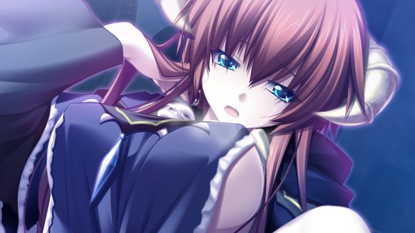 Anime picture 1024x576 with kamidori alchemy meister ragsmuena long hair open mouth blue eyes brown hair wide image game cg horn (horns) girl