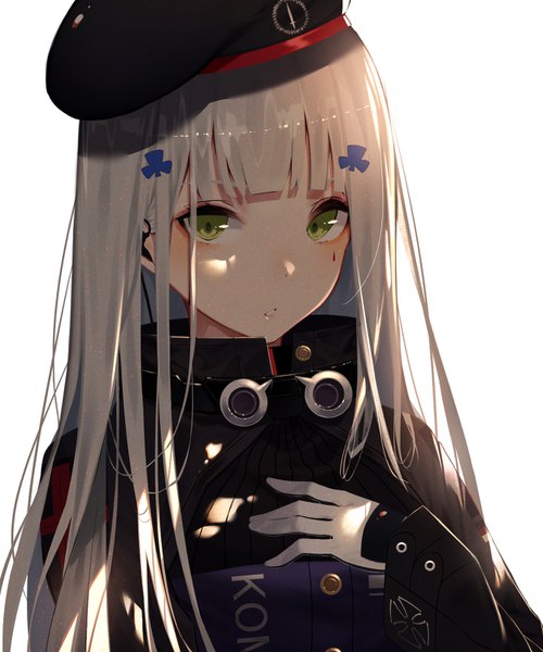 Anime picture 1250x1500 with girls frontline hk416 (girls frontline) kisui single long hair tall image looking at viewer fringe simple background white background green eyes silver hair upper body blunt bangs parted lips shadow facial mark hand on chest eyeshadow girl