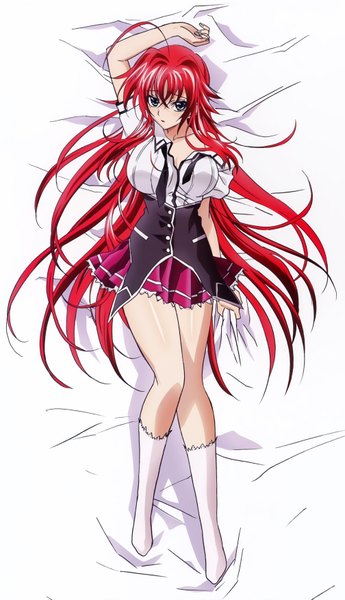 Anime picture 4030x7007 with highschool dxd rias gremory single long hair tall image looking at viewer highres blue eyes absurdres red hair scan official art girl skirt uniform school uniform socks white socks red skirt