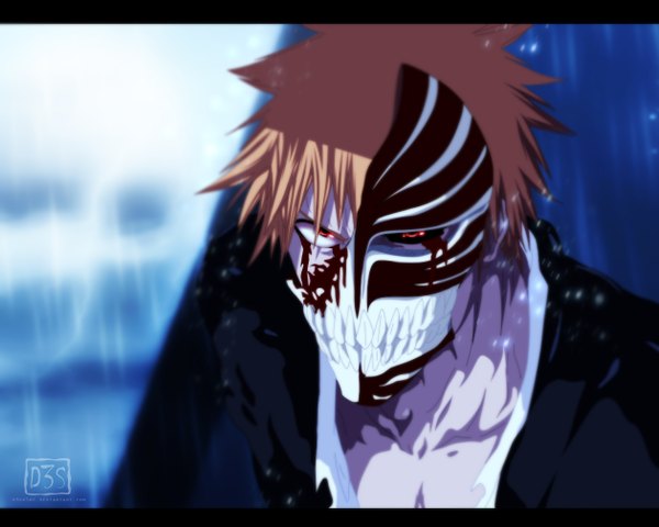 Anime picture 1260x1010 with bleach studio pierrot kurosaki ichigo schwarrtz single short hair blonde hair red eyes traditional clothes japanese clothes coloring letterboxed close-up rain boy kimono blood mask