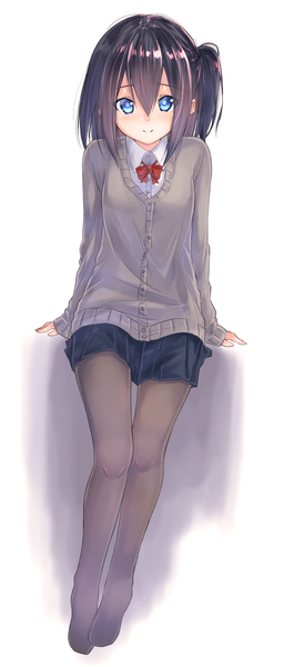 Anime picture 512x1200 with original suzunari shizuku yuki arare single long hair tall image fringe blue eyes black hair simple background smile hair between eyes white background sitting full body pleated skirt arm support no shoes one side up girl