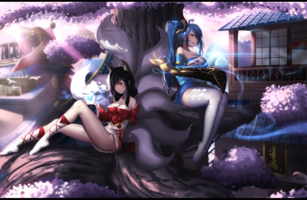 Anime picture 2735x1786 with league of legends ahri (league of legends) sona buvelle hk (hak) long hair looking at viewer fringe highres breasts light erotic black hair sitting twintails multiple girls animal ears yellow eyes blue hair tail animal tail light smile