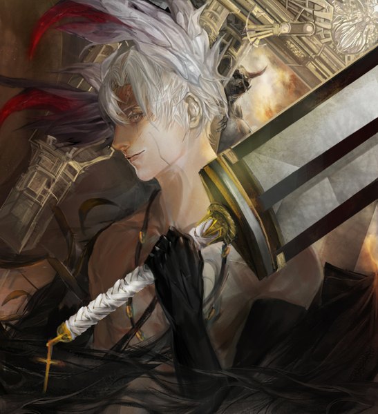 Anime picture 1131x1241 with d.gray-man allen walker tagme (artist) single tall image short hair holding silver hair white hair profile light smile scar gate boy weapon sword pendant feather (feathers) huge weapon monster