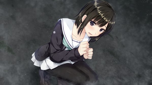 Anime picture 1280x720 with boku no hitori sensou akabei soft2 single blush short hair open mouth black hair wide image game cg black eyes dark background girl uniform school uniform pantyhose