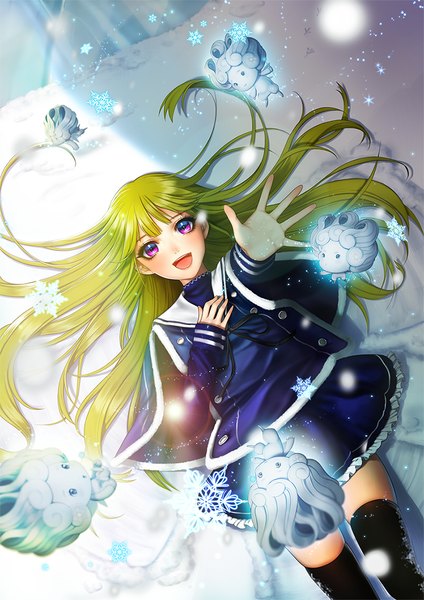 Anime picture 800x1132 with original aegyo single long hair tall image blush open mouth purple eyes lying green hair sunlight on back zettai ryouiki outstretched arm hand on chest happy winter snow girl thighhighs