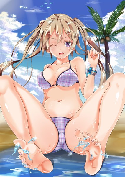 Anime picture 849x1200 with original nazhi long hair tall image looking at viewer open mouth light erotic brown hair purple eyes twintails sky cloud (clouds) one eye closed wink legs girl navel swimsuit plant (plants) bikini