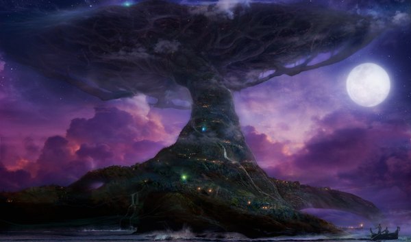 Anime picture 4000x2358 with world of warcraft blizzard entertainment highres wide image absurdres sky cloud (clouds) night landscape scenic 3d plant (plants) tree (trees) water moon watercraft boat
