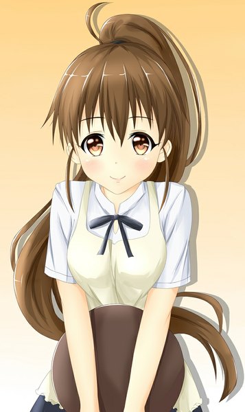 Anime picture 596x1000 with working!! a-1 pictures taneshima popura tear yu single long hair tall image looking at viewer blush fringe simple background smile brown hair brown eyes ponytail waitress girl apron tray